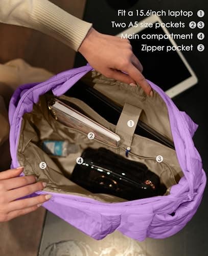 Uselike Tote Bag for Women, Lightweight Puffer Tote Work Bags with Compartments for Travel, Quilted Shoulder Bag with Zipper (Purple) - Thumbnail 4