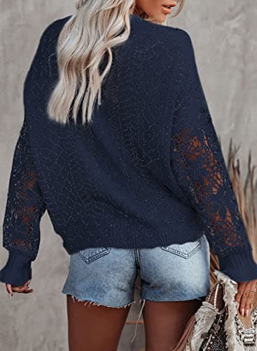 Dokotoo Fall Sweaters for Women Round Neck Crochet Long Sleeve Sweater Tops Casual Cable Knit Jumpers Pullovers M Dark Blue - Thumbnail 4