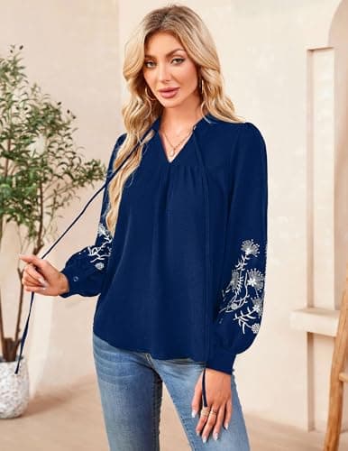 LOOKBOHO Boho Tops for Women Floral Embroidered Long Sleeve Peplum Blouses V Neck Tie Front Mexican Shirt Dressy Casual XXL - Thumbnail 2