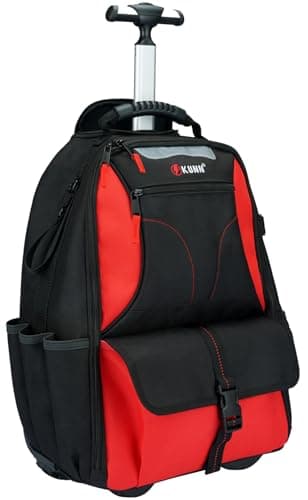 KUNN Rolling Tool Backpack with Wheels Heavy Duty, 37-Pocket Roller Tool Bag Backpack for Men, Electrician Construction HVAC, Red - Image 1
