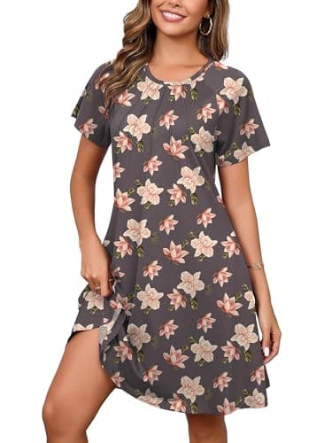 Heymoments Women's Short Sleeve Dress Floral Print Large Crewneck Casual Loose Flowy Below Knee Length Sundress Business A Line Shirt Teachers Summer Novelty Boho Dresses with Pockets - Image 1