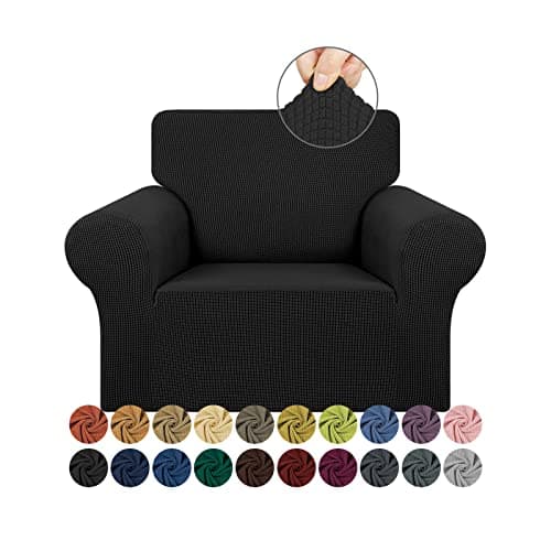 KEKUOU Stretch Single Sofa Slipcover 1 Piece Couch Sofa Cover (31"-55") Furniture Protector 1 Seater Sofa with Elastic Bottom for Kids,Pet.Jacquard Small Checked Pattern Fabric(Small,Black) - Image 1