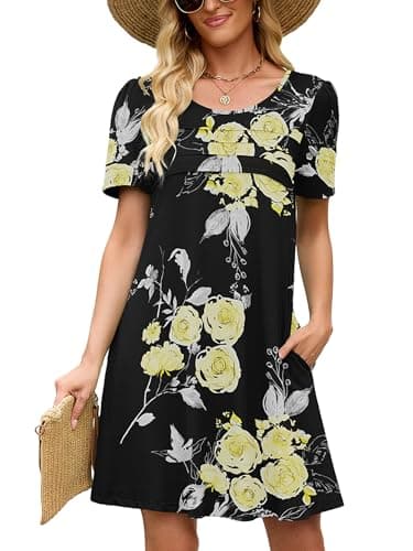 Heymoments Women Short Sleeve Dress Floral Print Medium Crew Neck Casual Flowy Cute Above Knee Sundress Comfy Shirt Teachers Summer Travel 2026 Novelty Dresses with Pockets - Image 1