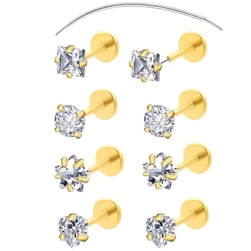 COTATI 20G Flat Back Earrings Stud Threadless Tragus Cartilage Lip Medusa Piercing Jewelry Hypoallergenic (Gold,20G，3/3/3/3mm) - Image 1