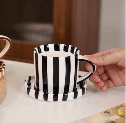 Cup and Saucer Set Hand-Painted Black Stripes, 8 Oz Ceramic Coffee Mug, Espresso Cups, Porcelain Coffee Cup for Cappuccino, Espresso, Coffee, Tea, Cafe Mocha, Latte, Set of Cup Gift for Coffee Lover - Thumbnail 4