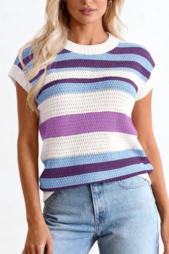 dowerme Womens Spring Tank Tops 2026 Cute Cap Sleeve Crewneck Color Block Crochet Sweater Vest Striped Summer Outfits(Striped Purple White,XX-Large) - Thumbnail 3