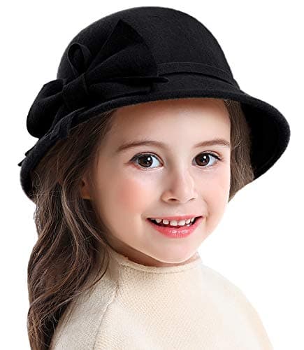 Bienvenu Kids Girls Winter Warm 100% Wool Bucket Hats Fedoras with Bowknot,Black - Image 1
