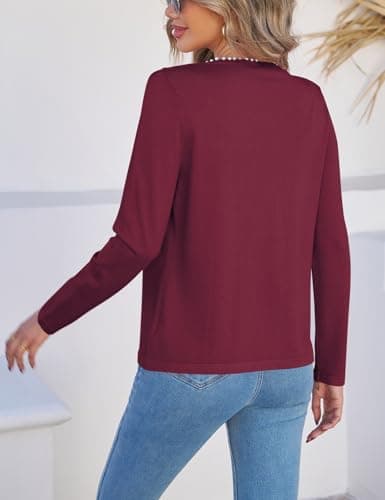 CiCiBird Women Lightweight Open Front Sweater Cardigan Pearls Trim Knit Jacket Trendy Long Sleeve Clothes Coatigan Burgundy M - Thumbnail 2