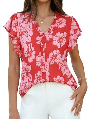 GRACE KARIN 2026 Boho Tops for Women Dressy Casual,Ruffle Sleeve Chiffon Blouses,V Neck Summer Fashion Clothes Red Pink S - Image 1