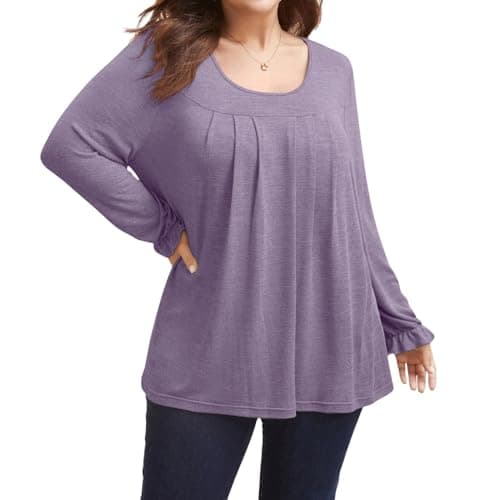 VNIRA Plus Size Long Sleeve T Shirt for Women Oversized Crew Neck Loose Fit Pleated Spring Fall Casual Tunic Top Purple 5XL - Image 1