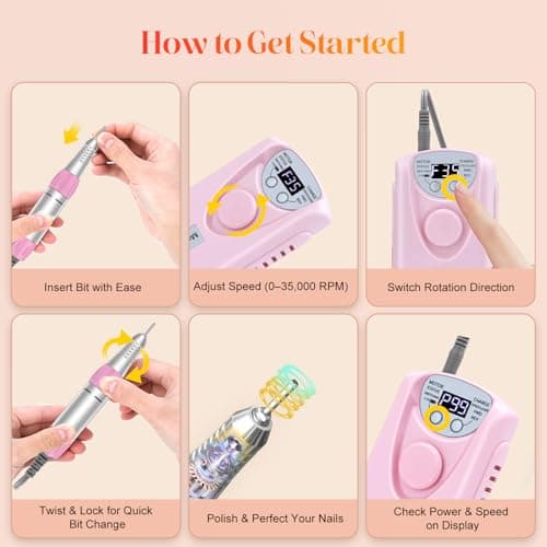 COYZU Electric Nail Drill Professional, 35000RPM Nail File Machine with Bits Set & Fast Cooling, Portable for Acrylic Gel Nail Polishing Removing, Manicure Pedicure at Salon & Home Use, Gift for Women - Thumbnail 6