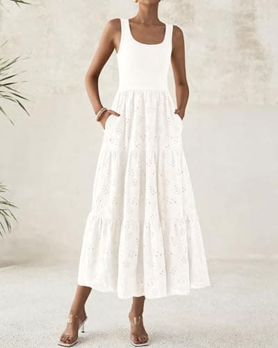 BTFBM Women Summer Eyelet Midi Dresses Casual Spring 2026 Sleeveless A Line Flowy Vacation Beach Wedding Guest Sun Dress(White, Medium) - Thumbnail 5