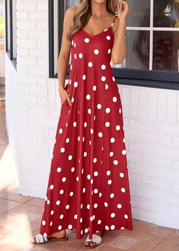 KIRUNDO Boho Maxi Dress for Women Summer Spaghetti Strap V Neck Polka Dot Flowy Long Beach Vacation Sundress with Pockets(Red, Large) - Thumbnail 5