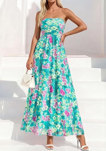 PRETTYGARDEN Womens Boho Maxi Dress 2026 Summer Floral Tube Strapless Spring Wedding Guest Cocktail Long Dresses (Floral Blue Green,X-Large) - Thumbnail 2