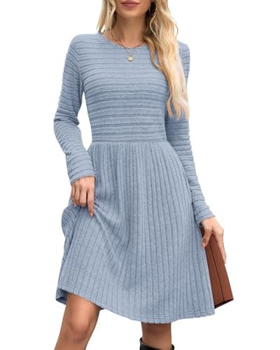 WNEEDU Teachers Dresses for Women 2025 Long Sleeve Elegant Office Flowy Dress with Pockets(Sky Blue,M) - Image 1