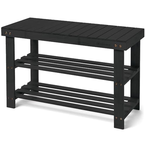 Leaf & Grain Bamboo Shoe Rack - Shoe Storage Bench for Front Door Entrance – Entryway Bench with Shoe Shelf, Shoe Storage Organizer, Wooden Shoe Rack, Durable Shoe Bench for Home (Black) - Image 1