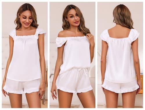 Frcdaunrs White Silk Pajamas for Women Set 2 Piece Satin Pajamas Sets With Ruffle Shorts Lounge Set Birde Loungewear S - Thumbnail 2