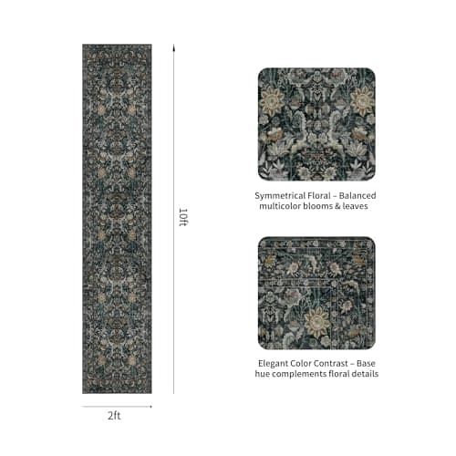 Luxcrest Green 2x10 Runner Rug: Vintage Floral Washable Rugs for Entryway Hallway Bedside Kitchen Indoor - Soft Non-Slip Stain Resistant Low Pile Carpet - Dark Green - Thumbnail 2