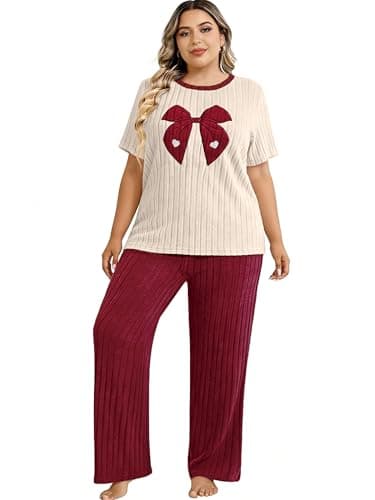Emilaura Womens Plus Size Pajama Set 2 Piece Short Sleeve with Long Pant Sleepwear Soft & Cozy Bow Loungewear (XL to 5X) Wine Red - Image 1