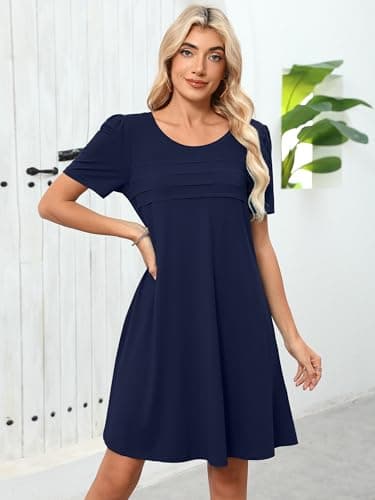Heymoments Women Short Sleeve Dress Plus Size Navy Blue X-Large Crewneck Casual Flowy Above Knee Length Sundress Comfortable Shirt Work Summer Vacation Cheap Dresses with Pockets - Thumbnail 5