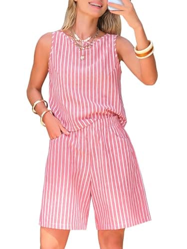 EXLURA Womens 100% Cotton 2 Piece Striped Outfits Sleeveless Tank Tops and Matching Bermuda Shorts 2026 Casual Beach Vacation - Image 1