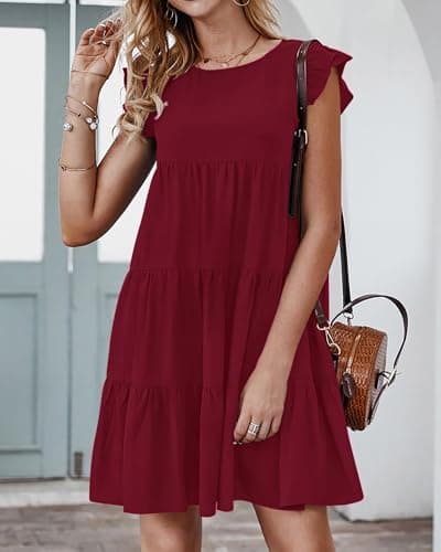 KIRUNDO Wedding Guest Dresses for Women Short Summer Sleeveless Ruffle Sleeve Round Neck Loose Short Flowy Pleated Tiered Mini Dress(Wine Red, Small) - Thumbnail 2