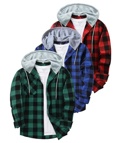 3-Pack Men's Plaid Hooded Button-Up Shirts Long Sleeve Cotton Hoodies Loose Fit Casual Tops Flannel Shirt - Image 1