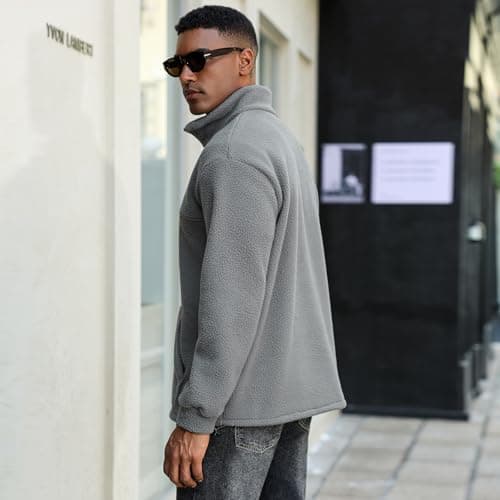 ZAFUL Mens 1/4 Zipper Fluffy Polar Fleece Pullover Sweatshirt Printed Kangaroo Pocket Fall Winter Unisex Hoodie Tops Gray L - Thumbnail 5