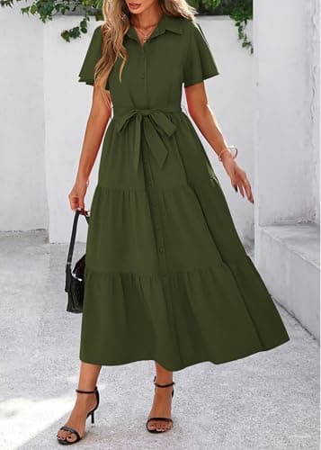 KIRUNDO Summer Button Down Wedding Guest Shirt Dresses for Women Maxi Flutter Short Sleeve Flowy Tiered Beach Sun Dress(Army Green, X-Large) - Thumbnail 5
