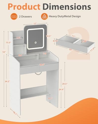 Favoduerme Small Makeup Vanity Desk for Girls with Lighted Mirror, 26.5” W Dressing Table with 2 Drawers and Power Outlet, 3 Light Modes & Adjustable Brightness, Vanity Table for Women Bedroom, White - Thumbnail 2