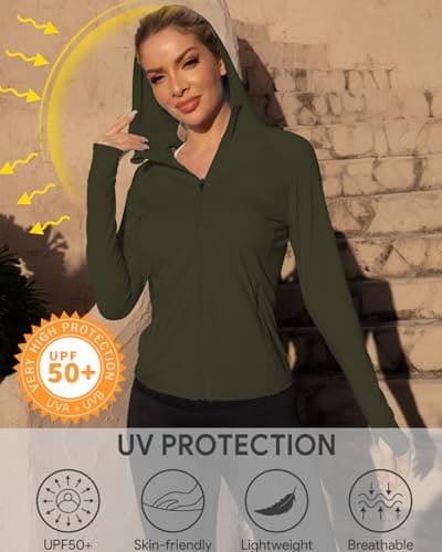 We1Fit Women's Athletic Hoodie Jacket Sun Shirt UPF 50+ UV Protection Long Sleeve Summer Clothing Workout Shirts Army Green - Thumbnail 4