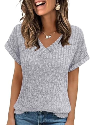 ANRABESS Women Tops Summer Sweaters Short Sleeve V Neck Shirts 2026 Spring Fashion Dressy Casual Business Tunic Blouses Grey Large - Image 1