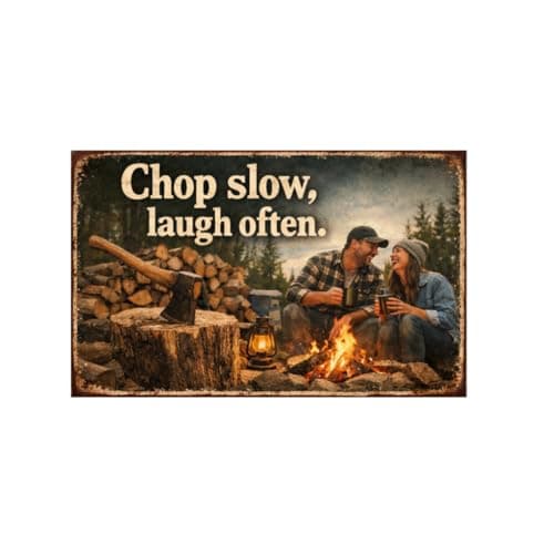 Chop Slow Laugh Often Vintage Tin Sign Rustic Outdoor Wall Decor Metal Plaque Camping Campfire Axe Wood Theme Cabin Garage Bar Farmhouse Humor Art 8x12 Inch Pre Drilled Holes - Image 1