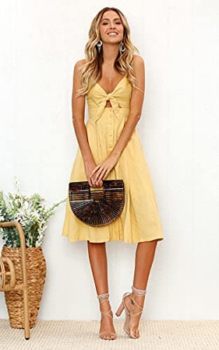 ECOWISH Women 2024 Summer Dresses Tie Front V-Neck Spaghetti Strap Button Down A-Line Backless Swing Midi Dress 572 Yellow M - Thumbnail 6