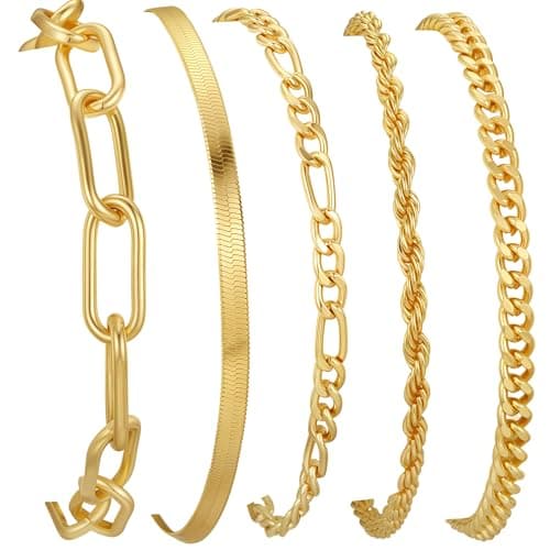 Mujahid 14K Gold Plated Bracelets for Women Waterproof, Jewelry Sets Trendy Thin Dainty Stackable Cuban Link Paperclip Chain Bracelet Pack Fashion Accessories Gifts for Womens,Hypoallergenic Jewelry - Image 1