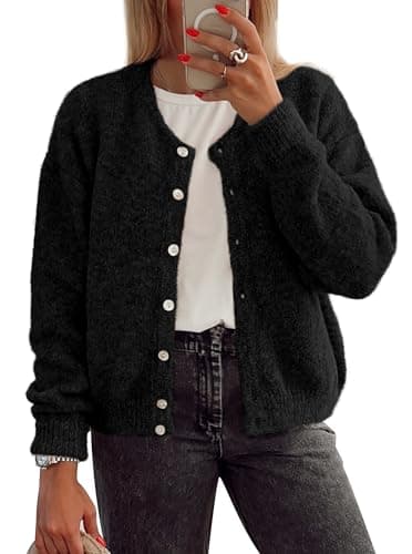 ATHMILE Fall Long Sleeve Cardigans for Women Sweater Fashion Open Front Winter Button Down Crewneck Loose Knit Jacket 2025 Black - Image 1
