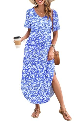 MOLERANI Womens Flower Print Dress Casual Summer Dresses Loose Fit Long Dress Floral Beach Sundress with Pockets,Blue White Flower,S - Image 1
