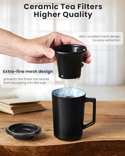 Foinly 15 oz Ceramic Tea Infuser Cup with Lid - Tea Mug with All Porcelain Strainer for Loose Leaf Teas,Microwave and Dishwasher Safe,Metal-Free,BPA-Free for Tea Lovers/Easter Day (Black) - Thumbnail 3