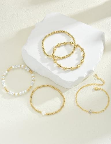 17 MILE Gold Beaded Bracelets for Women Non Tarnish, 14K Gold Plated Chunky Paperclip Chain Bracelet, Pearl Stackable Bangles, Cross Bead Ball Bracelet Stack - Thumbnail 4