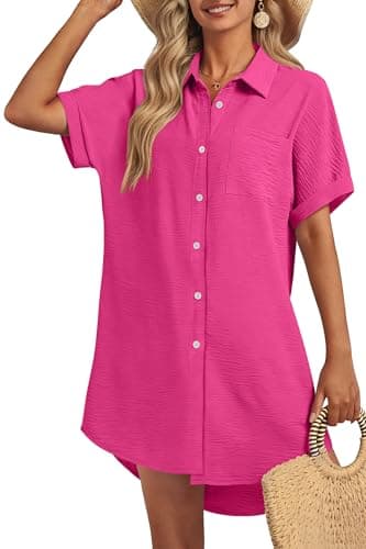 GKBK Women Swimsuit Coverup Shirt Dress Button Down Bathing Suit Cover Up Beachwear Hot Pink S - Image 1