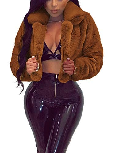 RAMOUG Womens Ladies Fashion Winter Warm Faux Fur Short Jacket Wrap Coat Parka Outerwear Tops Brown S - Image 1