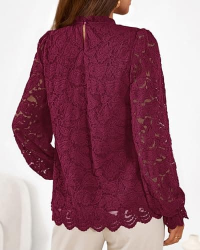 KIRUNDO Blouses for Women Dressy Casual Lace Long Sleeve Tops Mock Neck Ruffle Hem Shirts Fall Fashion Clothes(Burgundy, Large) - Thumbnail 2