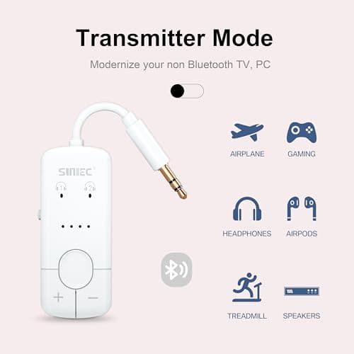 Sunitec Bluetooth Audio Transmitter for Airplane: Bluetooth 5.3 Adapter Supports 2 Headphones or AirPods with AptX Adaptive - 3.5mm AUX Wireless Adapter for Airplane Travel Gym Tablets TV - Thumbnail 5