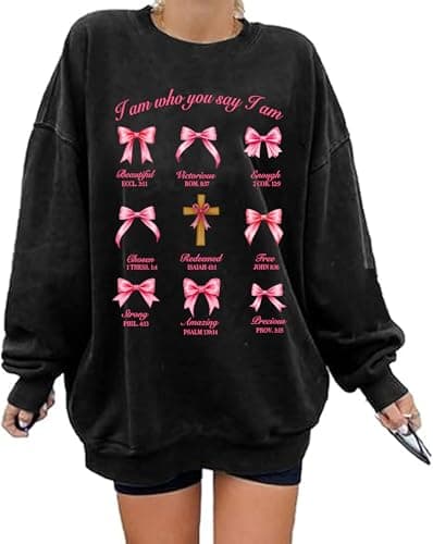 Ladicme Christian Sweatshirts for Women Oversize Pink Bow Graphic Pullover Top Casual Loose Fit Tops I Am Who You Say I Am shirt - Image 1