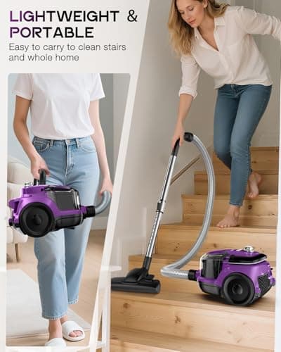 Zefiro Canister Vacuum Cleaner, Bagless Canister Vacuum for Home, Powerful Suction, Auto Cord Rewind, HEPA Filter, Corded Vacuum for Hard Floors, Carpet, Apartment/Rental Friendly(Purple&Gray) - Thumbnail 4