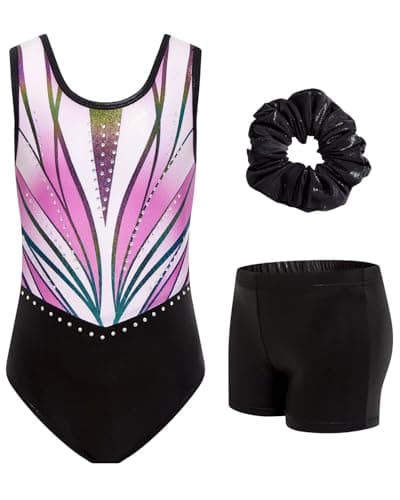 JiAmy Gymnastics Leotards for Girls Sparkly Ballet Dance Outfits with Shorts Scrunchie Teens 3 Piece Set Size 11-12Y - Image 1