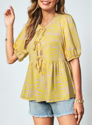 Dokotoo Shirts for Women Casual Floral Print Crew Neck Ruffle Hem Half Sleeve Cute Summer Tops for Women 2026 Womens Peplum Blouses Fashion Tie Front Boho Vacation Spring Tops Deals Yellow Medium - Thumbnail 4