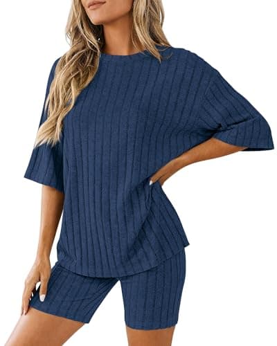 KIRUNDO Short Sets For Women Summer 2 Piece Matching Lounge Sets Casual Rib Knit Tshirts Biker Shorts Beach Vacation Outfits (Blue, X-Large) - Image 1