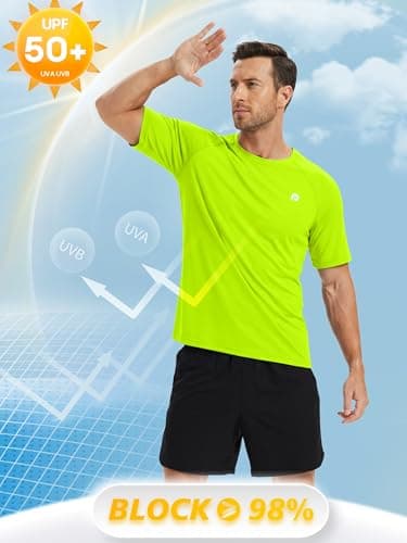 PINSPARK Workout Shirts for Men - Lightweight Crewneck Running Athletic T-Shirts Short Sleeve Quick Dry Moisture Wicking Gym Tees L Neon Green - Thumbnail 4