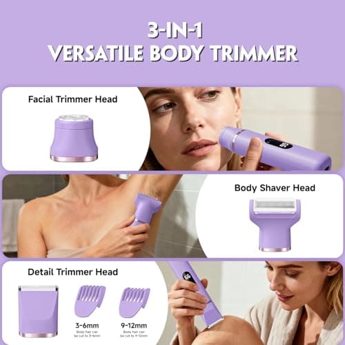 Bikini Trimmer for Women, Tiovara Painless Electric Razors Shaver IPX7 Waterproof Cordless Body Hair Trimmer Pubic Hair Removal with USB Charge Dock for Underarm Leg Arm Body Face Silk Skin (Lilac) - Thumbnail 2